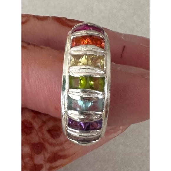 925 sterling silver white gold plated rainbow 14 genuine gemstones ring - Picture 6 of 10